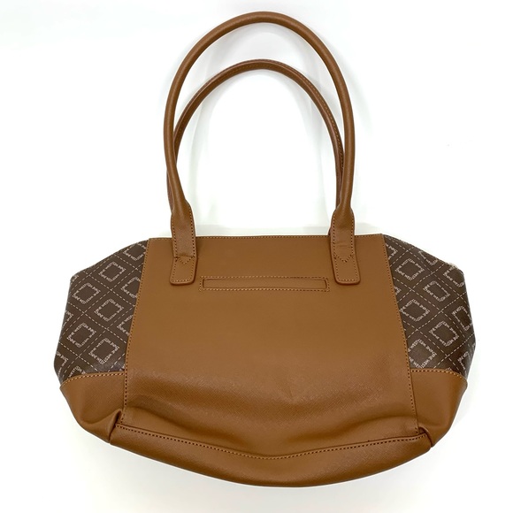 Nine West Brown Camel Tan All Over Geometric Pattern Contrast Satchel Purse - Picture 2 of 16